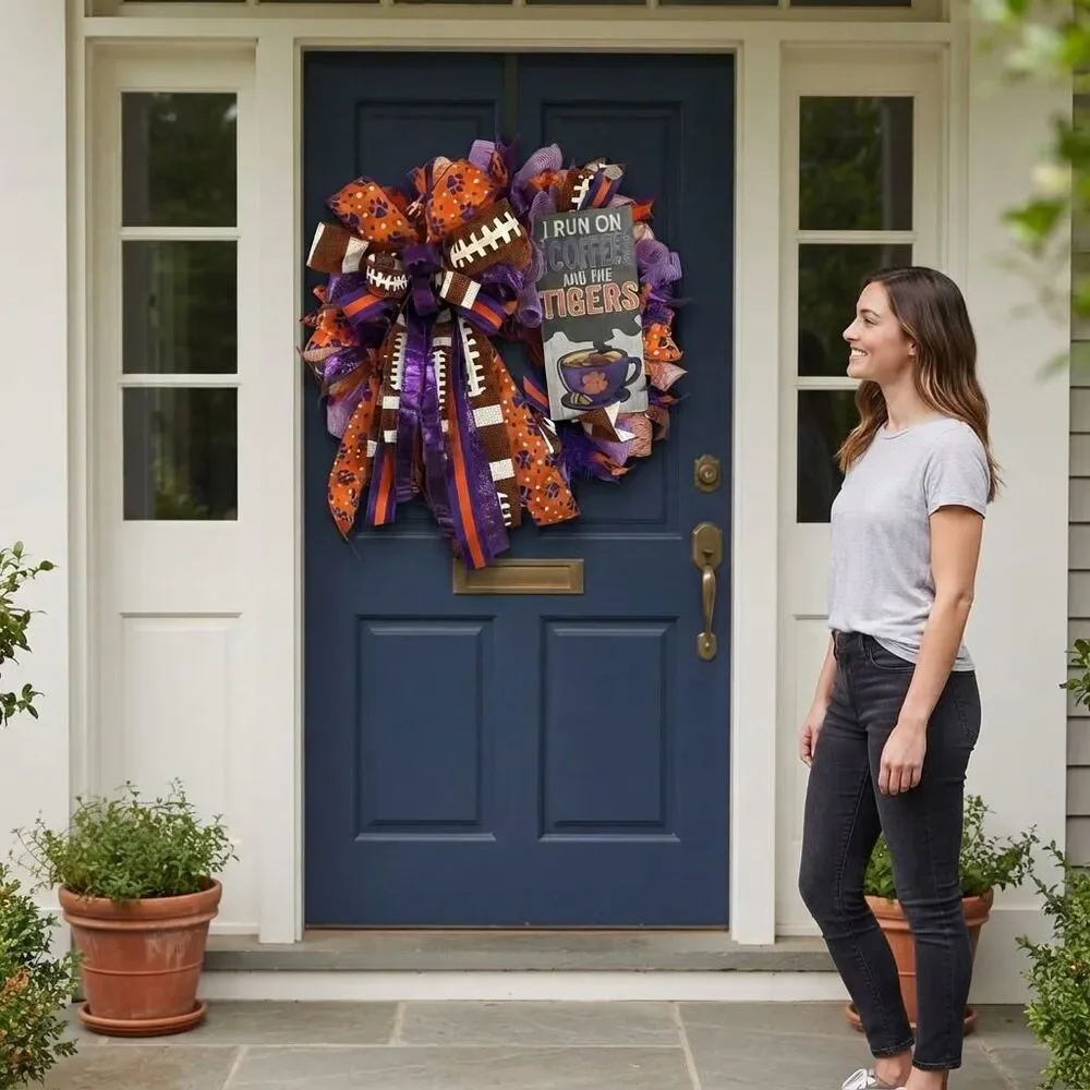Clemson Football Wreath | ACC Tigers Door Decor | Orange Purple Mesh Game Wreath